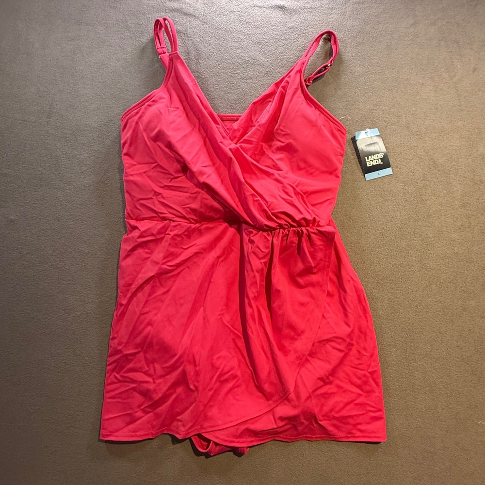 Lands End Pink Surplice Wrap Front Swim Dress One Piece Swimsuit Size L 14-16